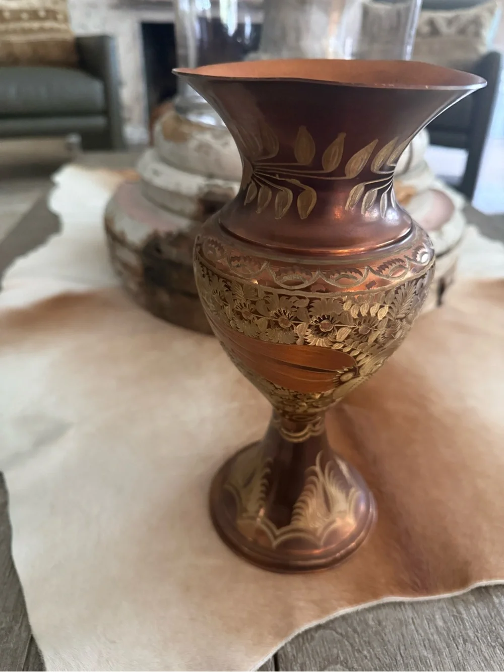 Ornate Copper-Tone Decorative Vase - Floral Etched Accent